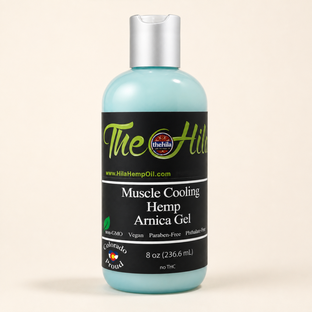 Muscle Cooling Hemp Arnica Gel in 8 oz aqua squeeze bottle