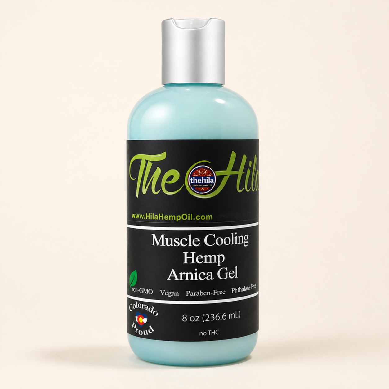 Muscle Cooling Hemp Arnica Gel in 8 oz aqua squeeze bottle